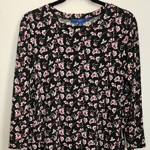 Women's 3/4 Sleeve Floral Dress Black Pink Pockets Roll Sleeve Small